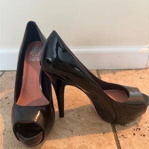 Vince Camuto Glossy Black Peep Toe Heels